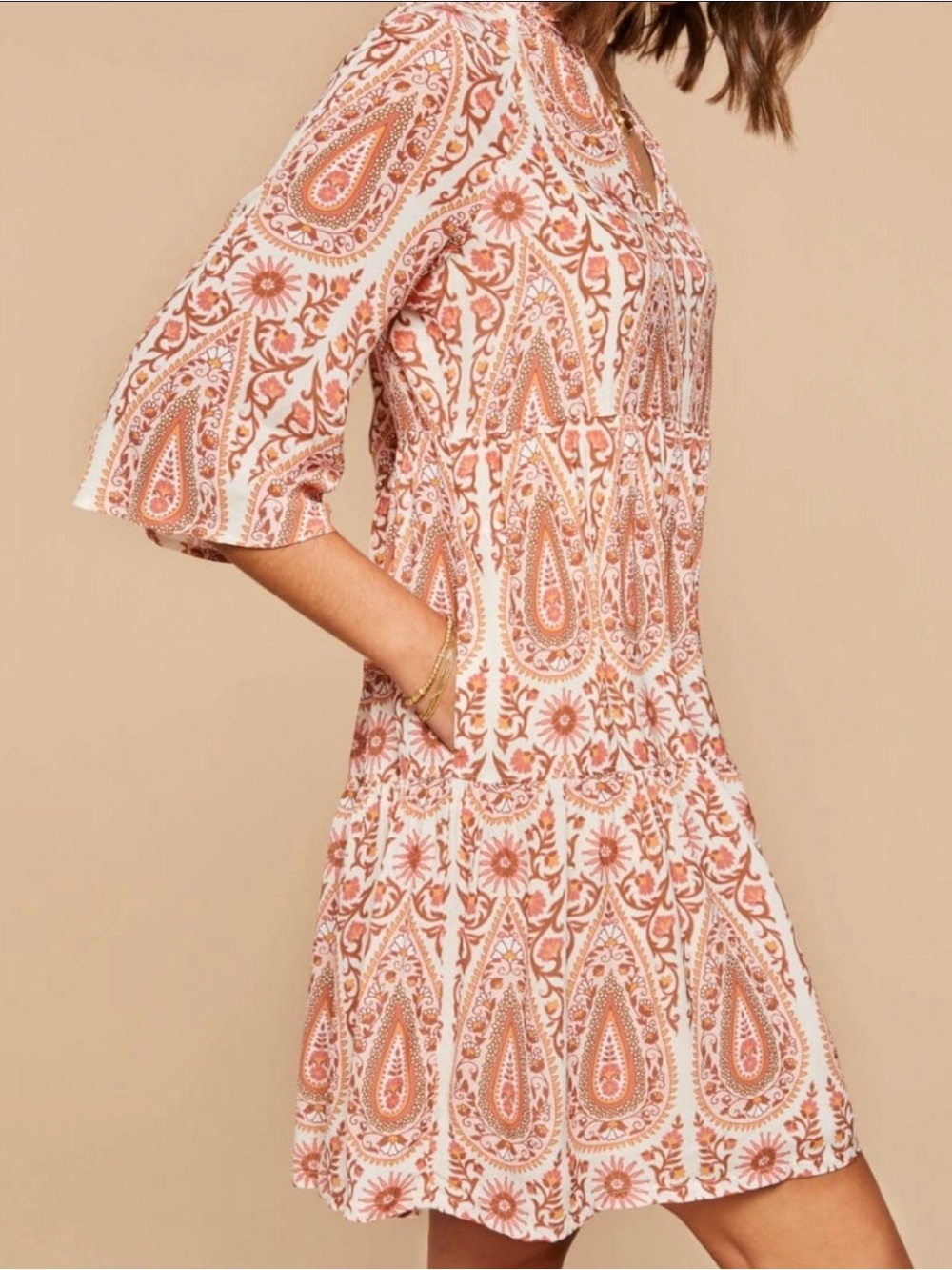 Spartina Maisie Pink House Tiered Boho Dress Rust & White Sz Sm